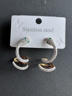 Stainless Steel Crystal Snake Hoop Earrings - Silver with Green Eyes